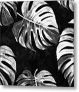 Seamless Painted Monstera Jungle Leaves Black And White Artistic Acrylic Paint Texture Background Tileable Creative Grunge Monochrome Hand Drawn Fall Foliage Motif Wallpaper Surface Pattern Design Metal Print