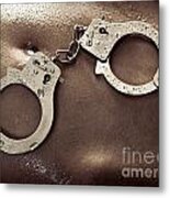 Shiny Handcuffs On Wet Naked Woman Body Metal Print