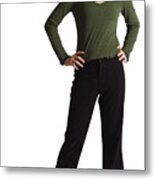 Silhouette Of A Caucasian Teenage Girl In Black Pants And A Green Shirt As She Smiles At The Camera Metal Print
