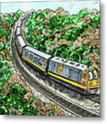 Silver Yellow Train Railway Through The Trees Watercolor Metal Print