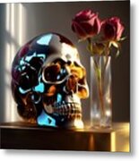 Chrome-plated Skull With Roses Metal Print