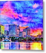 Skyline Of Downtown Orlando, Florida, Seen At Sunset From Lake Eola - Ink And Watercolor Metal Print