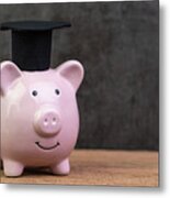 Smiling Pink Piggy Bank Wearing Graduated Hat On Wooden Table With Dark Black Background And Copy Space, Education Fund, Scholarships, University Cost And Expense Or Saving For Student Loan Concept Metal Print