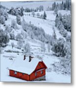 Snowy Landscape With Little Red House Metal Print