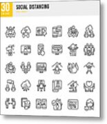 Social Distancing - Thin Line Vector Icon Set. Pixel Perfect. The Set Contains Icons: Social Distancing, Remote Work, Quarantine, Video Conference, Working At Home, E-learning, Sports Training, Telemedicine. Metal Print
