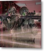 Soldiers Holding Guns In Server Room Metal Print