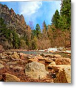 Rocky Riverbank With Pine Trees,south Boulder Creek Metal Print