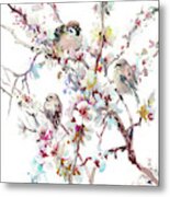 Sparrows And Apricot Blossom Metal Print