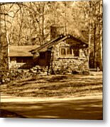 Stone Cabin In The Woods Sepia Metal Print