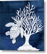 Summer Seas 8 Sea Turtle And Fan Coral Navy And White Metal Print