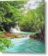 Sunny Day At The Forest Waterfall Metal Print