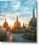 Sunrise Borobudur Temple Painterly Style Metal Print