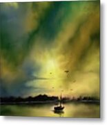 Sunset Green Sailboat Metal Print