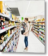 Supermarket Aisle With People Grocery Shopping Metal Print