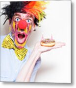 Surprise Happy Birthday Clown Holding Party Cake Metal Print