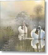 Swans In The Mist Metal Print