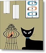 Tabletop Cat With Bird Cage Metal Print