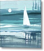 Teal Blue Gray Sailboat At The Ocean Shore Seascape Painting Beach House Art Ii Metal Print