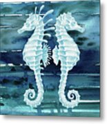 Teal Blue Seahorses In Watercolor Ocean Metal Print