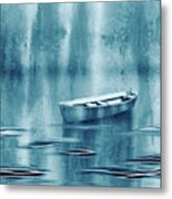 Teal Blue Waters Of The Lake With Single Boat Drifting Metal Print