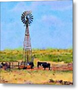 Texas Landscape Windmill And Cattle Metal Print