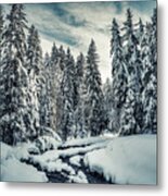 The Natural Path - River Through The Snowy Forest Metal Print
