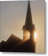 The Son's Lighthouse - Sun Rays In Fog Through Church Steeple With Bible Verse Metal Print