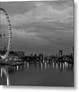 The Thames River London Eye England Uk Dramatic Sky Black And White Metal Print