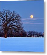 The Winter Blues - Wolf Moonrise With Lone Oak And Wi Dairy Farm Metal Print