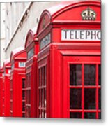 Traditional Red Telephone Booths In London Metal Print