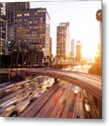 Traffic Through Urban With Sunset In Los Angle Metal Print