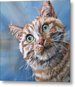Tuna Time - Orange Cat Painting On Blue Metal Print