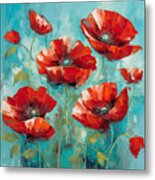 Turquoise Poppies - Red And Turquoise Art Metal Print