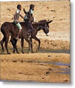 Two Boys Riding Donkeys Along The River In Angola Metal Print