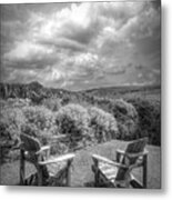 Two Chairs In The Garden In Black And White Metal Print
