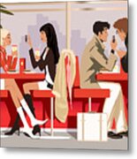 Two Women And Two Men In Caf?, Holding Mobile Phones Metal Print