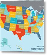 United States Map With Capital Citties Metal Print