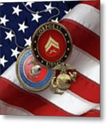 U.s. Marine Corporal Rank Insignia With Seal And Ega Over American Flag Metal Print