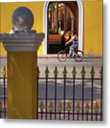 Valladolid Colors - Street Scene With Bicyclist And Yellow Architecture Metal Print