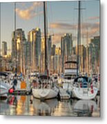 Vancouver Skyline And Sailboats At Dusk Panoramic Metal Print