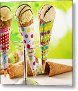 Vanilla Ice Cream Cones With Chocolate Sauce Metal Print