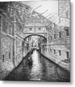Venice Italy Bridge Of Sighs With Vintage Map Black And White Metal Print
