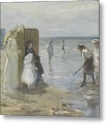 View Along The Tide Line On The Scheveningen Beach, With Two Ladies And Children, Johan Antonie De J Metal Print