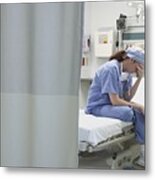 View Through Privacy Curtains To Female Doctor Sitting With Head In Hand Metal Print
