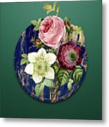 Vintage Anemone Rose Art In Gilded Marble On Dark Spring Green Metal Print
