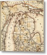 Vintage Railroad Map Of Michigan 1876 Sepia Metal Print