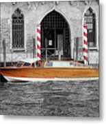 Vintage Runabout Boat And Striped Venetian Mooring Poles Grand Canal Venice Italy Color Splash Metal Print