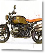 Watercolor Bmw Ninet Scrambler Motorcycle - Oryginal Artwork By Vart. Metal Print