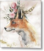 Watercolor Fox With Flowers And Gold Metal Print
