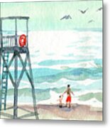 Watercolor Kids Safe Beach Painting Metal Print